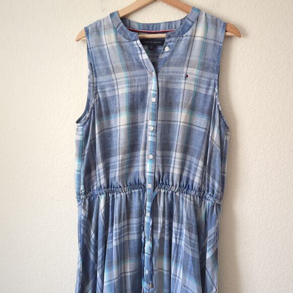 Tommy Hilfiger Plaid Sleeveless Shirt Dress 14 Blue Checker Midi Handkerchief - Picture 7 of 11